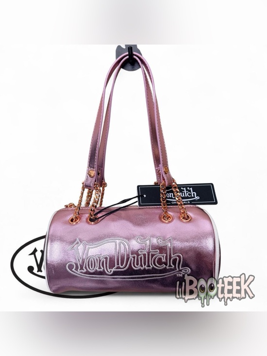 Von Dutch Handbags - Von Dutch Rose Pink Metallic Barrel Shoulder Bag w Embroidered Logo VIRAL Y2K